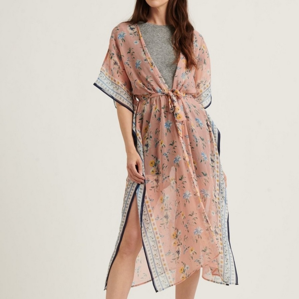 Lucky Brand Floral Border Tie Kimono - Picture 1 of 8